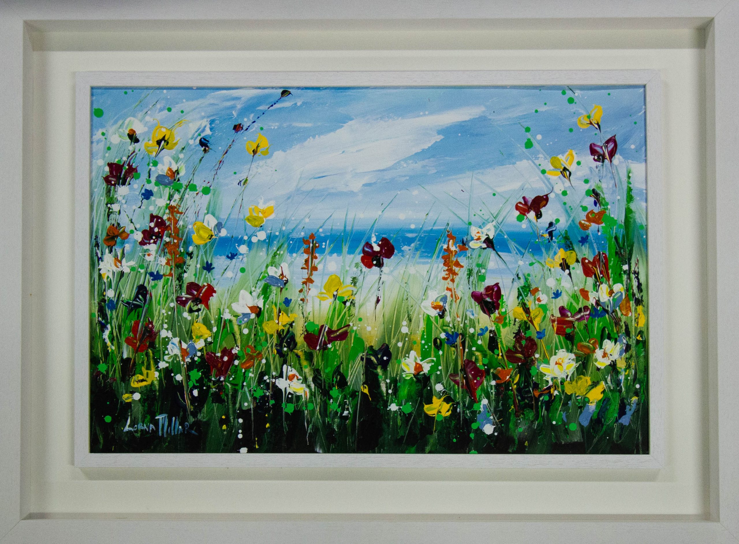 IMG_0743 Lorna Millar Seaside Flowers in yellow acrylic painting on canvas. Frame measures 100cm x 74cm, painting measures 75cm x 50cm. Price includes nationwide delivery