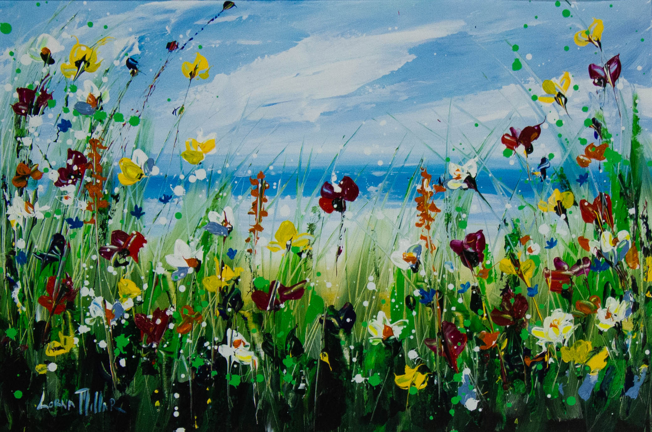 IMG_0744 Lorna Millar Seaside Flowers in yellow acrylic painting on canvas. Frame measures 100cm x 74cm, painting measures 75cm x 50cm. Price includes nationwide delivery