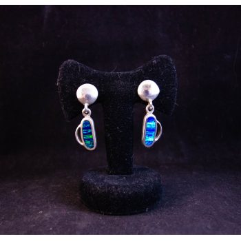 Pair of Mexican silver and blue fire opal oblong drop earrings