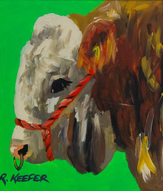 Ronald Keefer oil painting on board "Green Bull". Frame measures 42w x 42h in cm, painting measures 29w x 29h cm. Price includes nationwide delivery