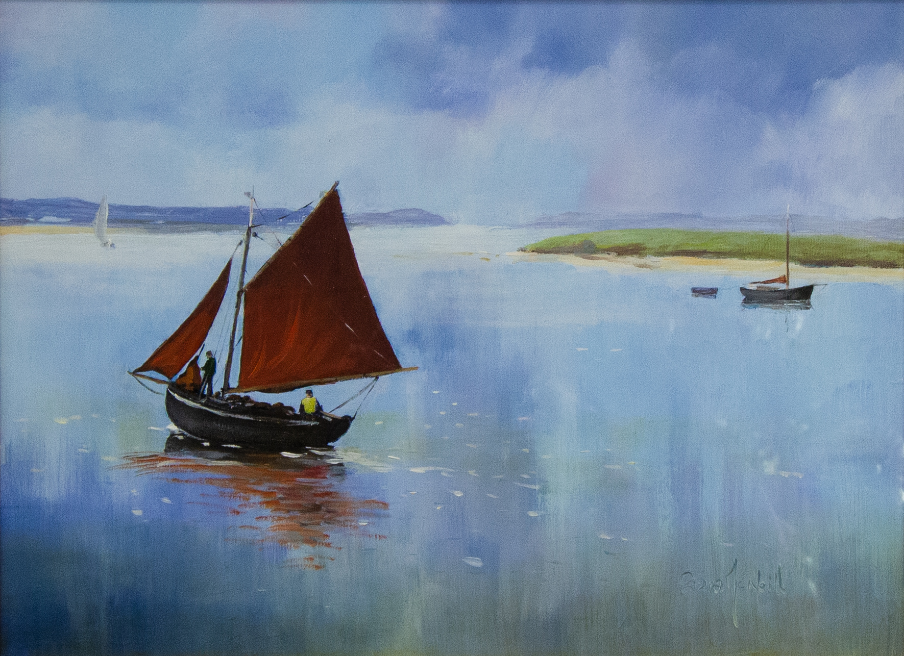 IMG_6915 Sara Sue McNeill oil painting on canvas "Setting Sail". Frame measures 55w x 45h in cm, painting measures 38w x 29h cm. Price includes nationwide delivery