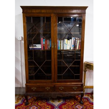 Irish design diamond door mahogany bookcase on paw feet. Measures 125W x 40D x 192H in cm. Price includes nationwide delivery