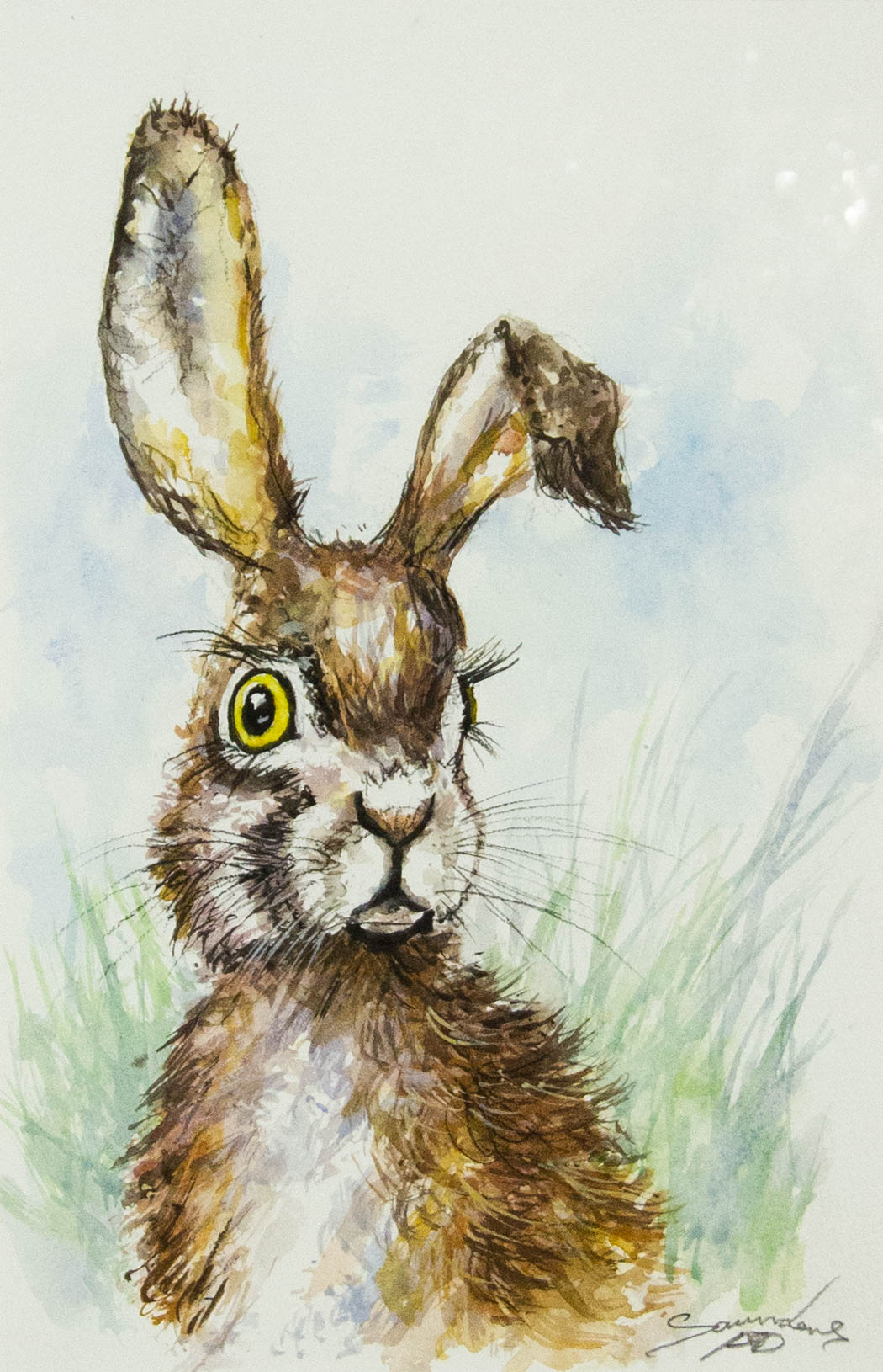 IMG_8864 Andy Saunders watercolour painting "Cute Hare" on paper. Frame measures 37 x 47cm, painting measures 18 x 28cm. Price includes nationwide delivery