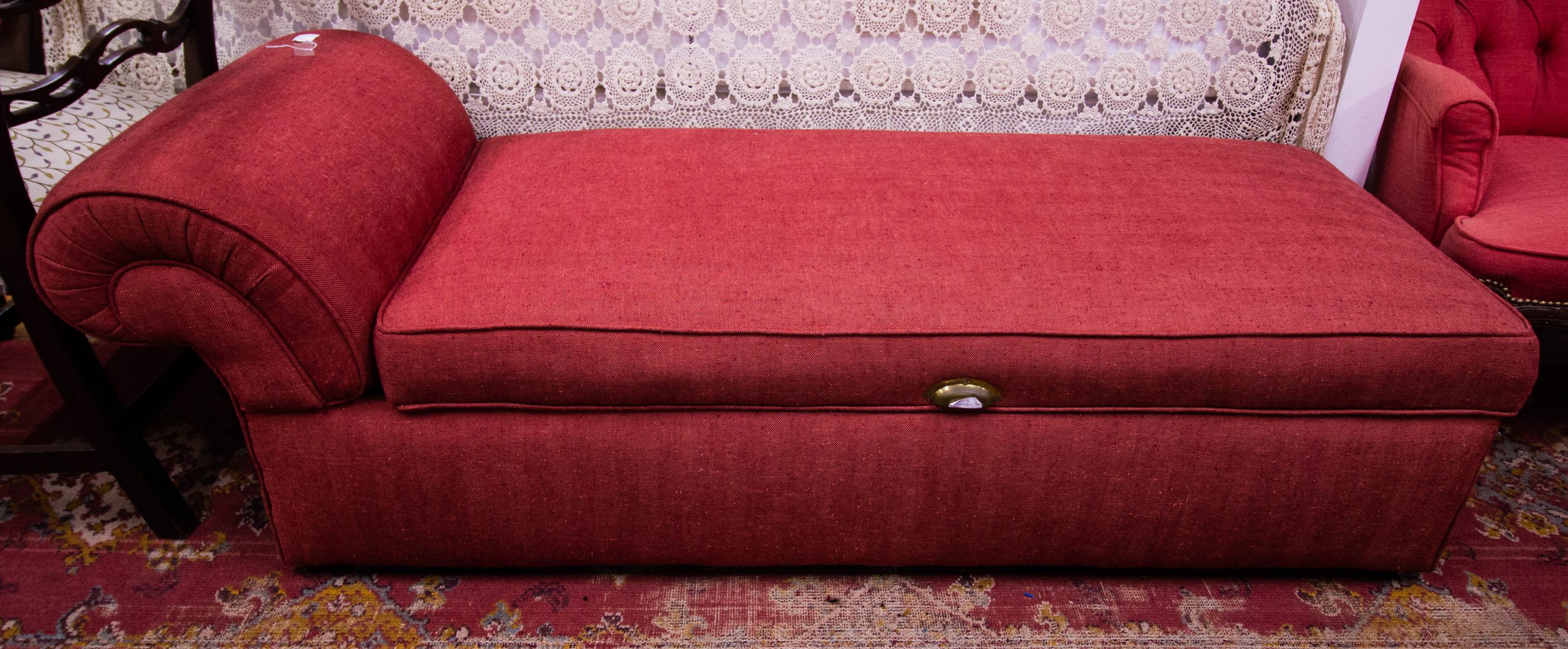 IMG_9404 Low lift top chaise longue ottoman with roll end. Measures 166L x 63D x 40H to seat, 55total height. There is some staining inside. Price includes nationwide delivery